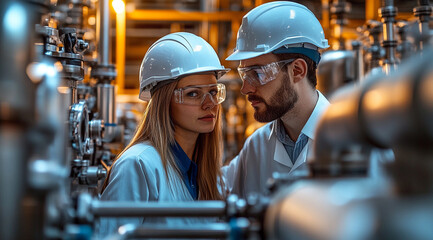 two male and female engineers wearing white safety helmets and glasses, looking at an organic scale 