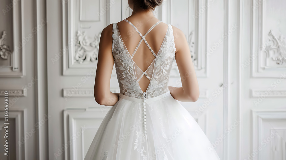 A bride stands with her back to the camera, showing off her stunning ...
