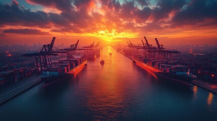 Aufkleber - The evening sky is dramatically illuminated by a vibrant sunset, casting warm hues over a bustling shipping port filled with large cargo ships and cranes.
