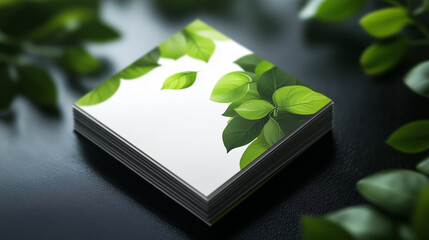 Wall Mural - A blank business card surrounded by nature, rocks and green leaves