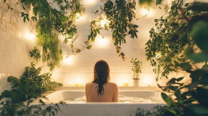 Poster - A person enjoys a peaceful soak in a cozy bath, surrounded by lush greenery and soft, glowing lights, creating a tranquil atmosphere perfect for relaxation and self-care.