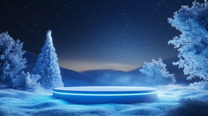 Poster - Under a starlit sky, a tranquil winter scene features a luminous circular platform nestled amidst snow-covered trees. The frost glimmers, creating a peaceful and enchanting atmosphere.
