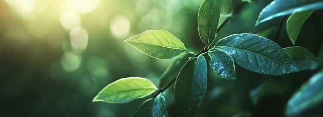 Wall Mural - green leaves with a blurred background, a banner for a website design studio generative ai