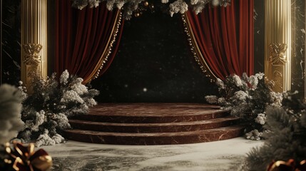 Aufkleber - A beautifully designed stage features rich red curtains draped around a circular platform adorned with snowy decorations, creating a warm festive atmosphere perfect for celebrations.