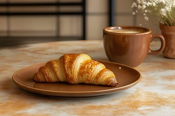 brown croissant and cup of coffee on the plate for the breakfast, morning baked snack