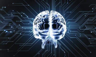 Poster - Futuristic human brain with glowing blue light and circuit board patterns.