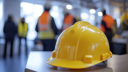 A close-up of a yellow hard hat resting on a table in an office, with blurred figures of people wearing construction gear in the background, 