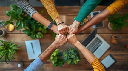 
Four diverse hands coming together for a fist bump over a desk in an office setting. 