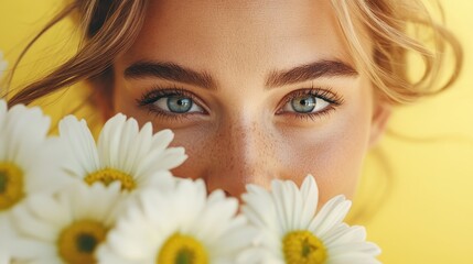 A close-up of a woman's face partly obscured by daisies, set against a vibrant yellow background highlighting her blue eyes and natural beauty.