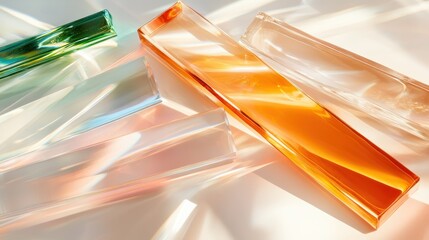 Poster - Dynamic orange glass beams casting captivating reflections, arranged playfully on a surface. The intricate light interaction creates an artistic and modern visual experience.
