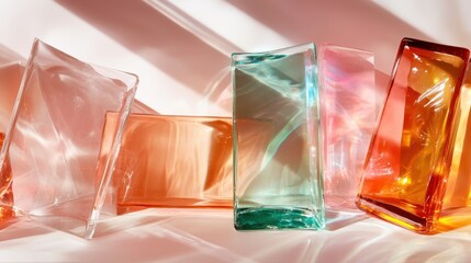 Poster - Multiple glass prisms creating a mesmerizing play of colorful shadows and reflections on a surface, highlighting an abstract exploration of light in contemporary art.