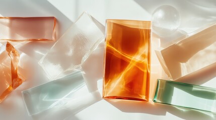 Poster - Various translucent colored blocks arranged on a surface with sunlight casting vibrant reflections, emphasizing the beauty of light and glass interaction in modern art.