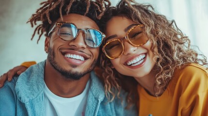 Two friends enjoying each other's company, wearing fashionable eyewear and casual clothing, showcasing joyful expressions and a strong sense of friendship and happiness.