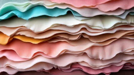 Poster - A stack of fabric layers displaying a range of pastel colors including pink, blue, and beige, offering a sophisticated and serene visual appeal.