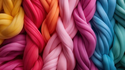 Poster - An arrangement of vividly colored fabrics in shades of yellow, red, pink, purple, and blue, twisted together, forming an eye-catching and vibrant pattern.