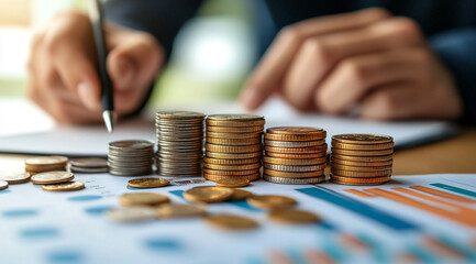 
Businessman using a pen and paper to write financial data, standing next to a stack of coins on a table with a graph chart background.