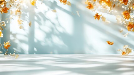 Poster - Golden and orange leaves fall gracefully through the sunlit air, creating dynamic patterns and an abstract theme that plays with light and shadow on a platform.