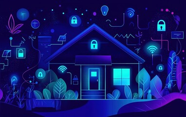 Poster - A modern house surrounded by technology symbols representing smart home security in a vibrant, digital art style at night