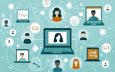 Poster - Network of remote workers collaborating through technology on a teal background with various online tools and profiles represented