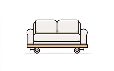Poster - A modern white couch on a wooden dolly being prepared for relocation in a minimalist living space