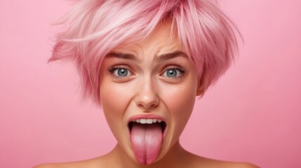 A woman with vibrant pink hair playfully sticks out her tongue. The image is set against a solid pink background, highlighting her quirky expression and youthful energy.