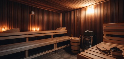 Inviting Wooden Sauna Interior with Warm Light and Cozy Atmosphere Relaxing Wellness Retreat Concept