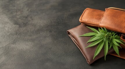 A cannabis leaf is artistically placed on two leather wallets, enhancing the contrast between natural and crafted materials. A dark backdrop provides depth.