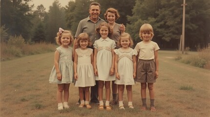 Vintage family photo 1950s group of girls from caucasian family