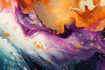 Poster - Ripples of bright hues, spiraling metallic designs, and effervescent color pops shape the landscape of these freeform textures. Abstract fluid imagery using liquid ink to highlight organic beauty