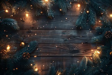 Frame made of fir tree branches, garland with lights and festive decorations on dark wooden background. Christmas and New Year celebration. Winter holidays. Top view, flat lay with copy space