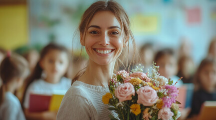 
A teacher receiving flowers and gifts from her students on the first day of school, a happy, smiling woman holding a flower bouquet in front of children with books in the classroom,