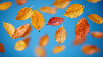 Colorful autumn leaves floating against a blue background.