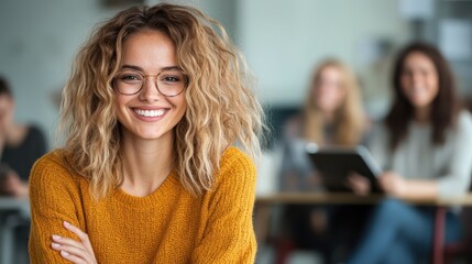 A cheerful woman wearing glasses and a mustard sweater smiles confidently in a classroom environment, with blurred classmates in the background enhancing focus.