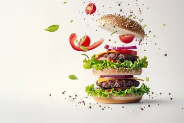 Delicious hamburger with flying ingredients on white background  burger