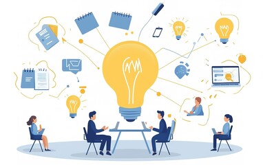 Poster - Group collaboration session with brainstorming ideas illustrated around a large light bulb symbolizing creativity