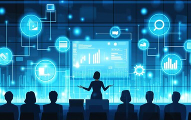 Poster - a businesswoman presents data analytics in a futuristic conference room with digital graphs and icon