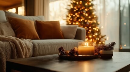 The image shows a serene living room with glowing candles and holiday decorations including a sparkling Christmas tree, exuding warmth and festive cheer.