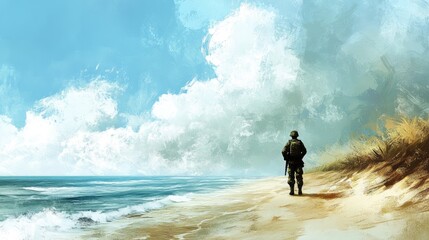 Wall Mural - man walking on the beach