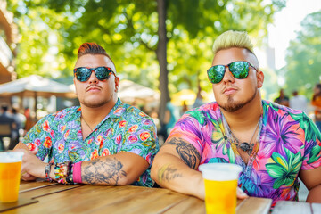 Two male lgbt friends are spending time together drinking beer at an outdoor pub