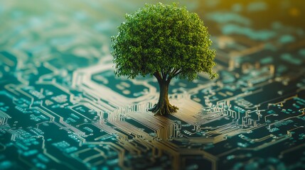 Wall Mural - Convergence of nature and technology: A tree sprouting from a computer circuit board symbolizes the fusion of digital and technological realms. This image represents green computing