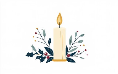 Wall Mural - A serene candle surrounded by festive greenery during the holiday season, creating a warm atmosphere in winter