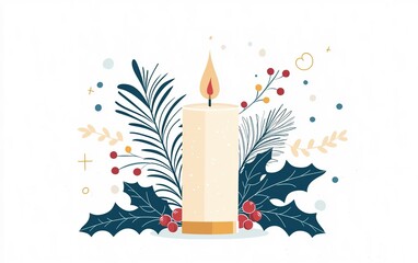 Wall Mural - A festive candle surrounded by holly and pine branches during the winter holiday season