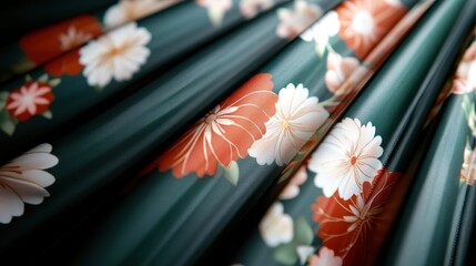 A close-up of floral fabric material displaying vibrant red and white flowers with lush green leaves, illustrating artistic style and attention to detail in fashion design.