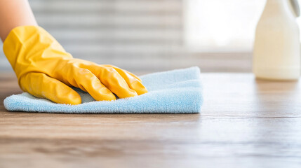 A person cleaning a wooden surface with a soft, light blue cloth while wearing bright yellow rubber gloves.