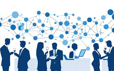 Poster - Networking professionals engage in lively discussions while analyzing data trends at a technology conference in the evening
