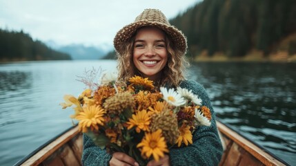 A joyful woman in a hat holds a bouquet of flowers while sitting in a wooden boat on a serene lake surrounded by forest and mountains, capturing nature's tranquility.