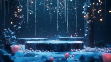 Poster - A serene setting in a mystical forest features circular platforms surrounded by softly glowing lights, cascading flowers, and a delicate snowfall.