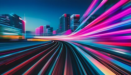 Canvas Print - Dynamic high-speed train racing through a vibrant cityscape illuminated by dazzling lights and nighttime energy