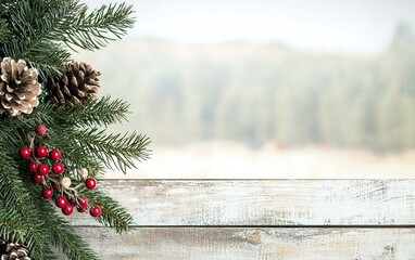 Wall Mural - Festive holiday decorations with pinecones and red berries against a serene winter landscape in the background