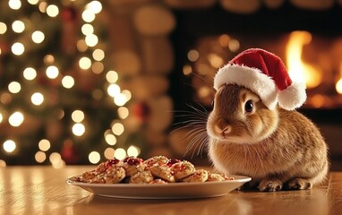 Wall Mural - A festive rabbit wearing a Santa hat sits beside a plate of cookies near a cozy fireplace and Christmas tree decorations